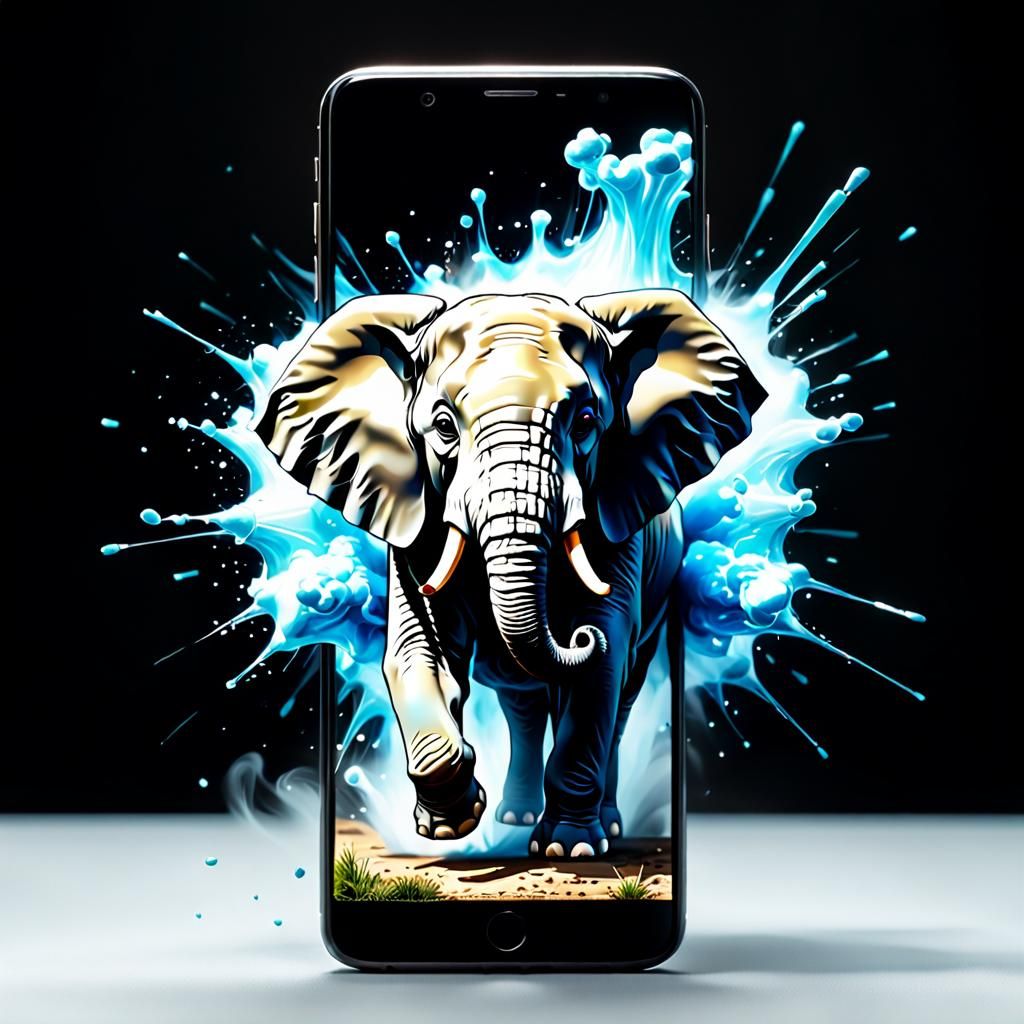 Hyperrealistic Elephant Bursting Out of Smartphone Screensav...