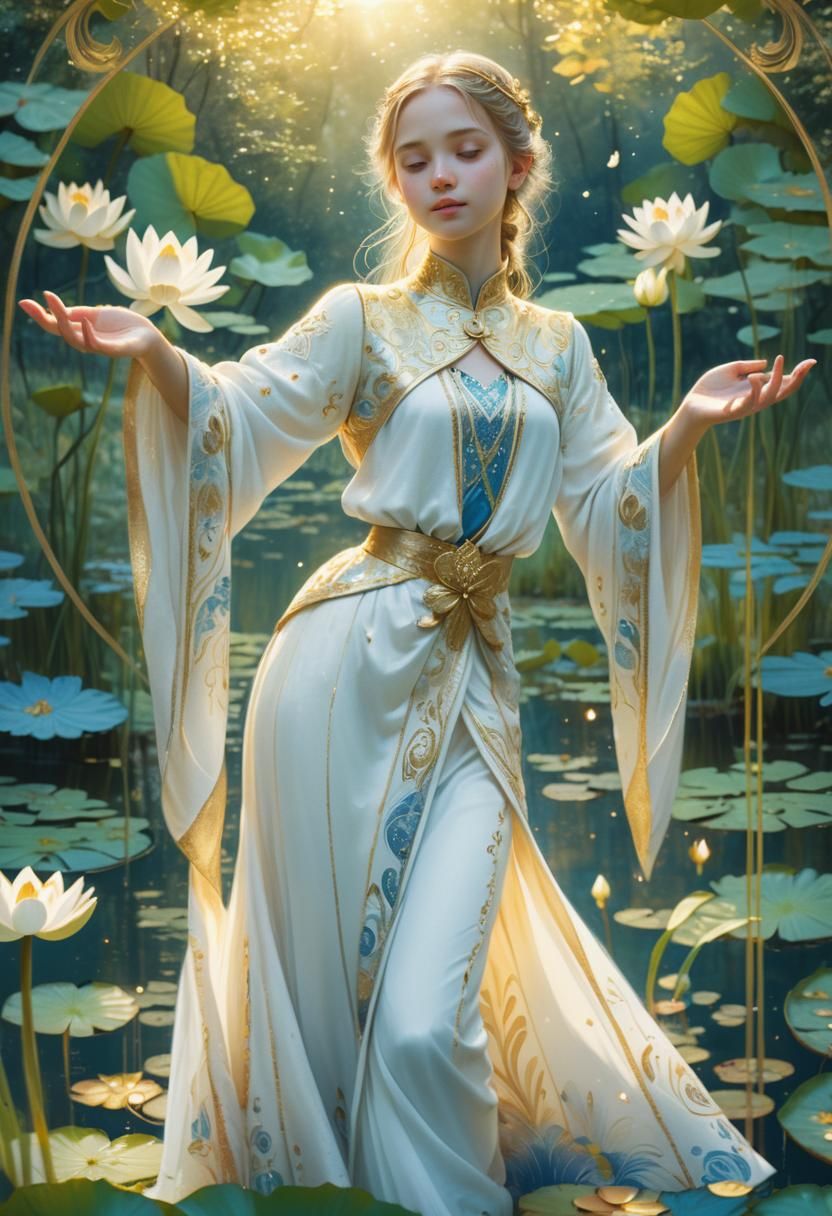 Girl in Whimsical Fantasy Forest Scene with Pond and Golden....