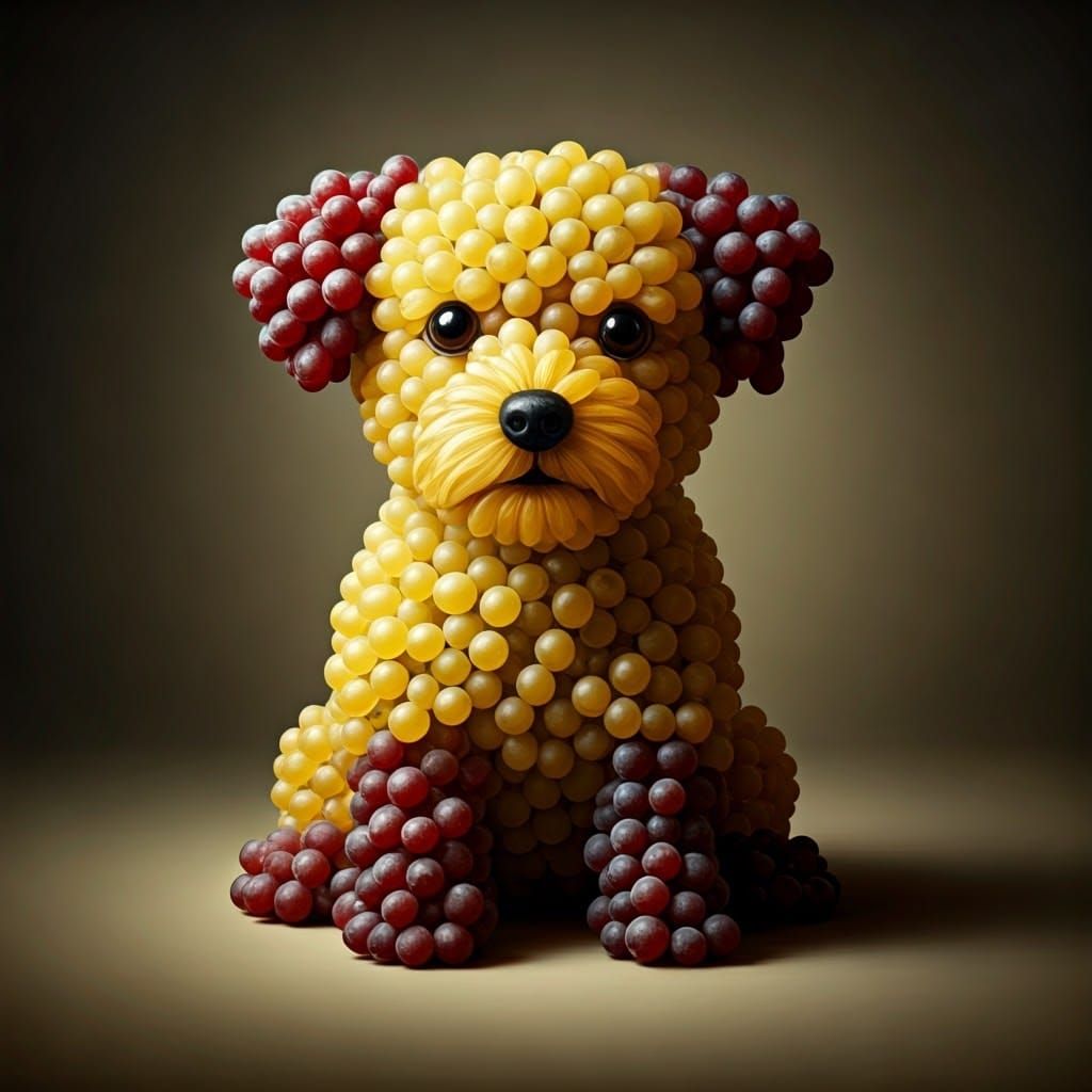 a small dog made of a bits of fresh red and white grapes