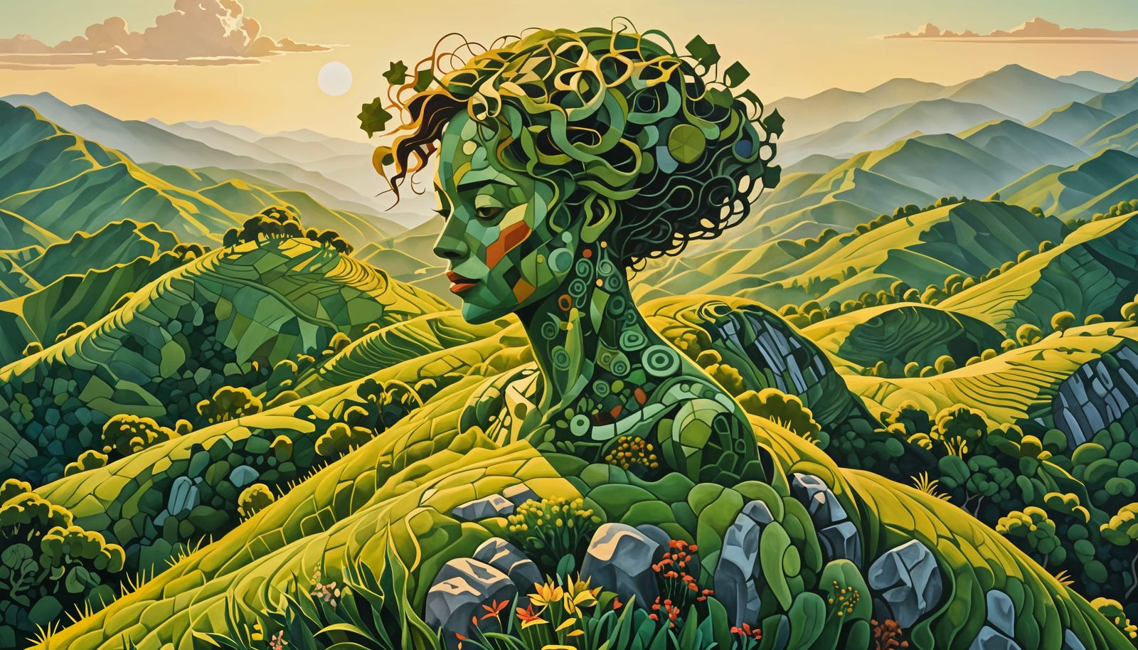 Angular Woman of Lush Greens and Geometric Hills