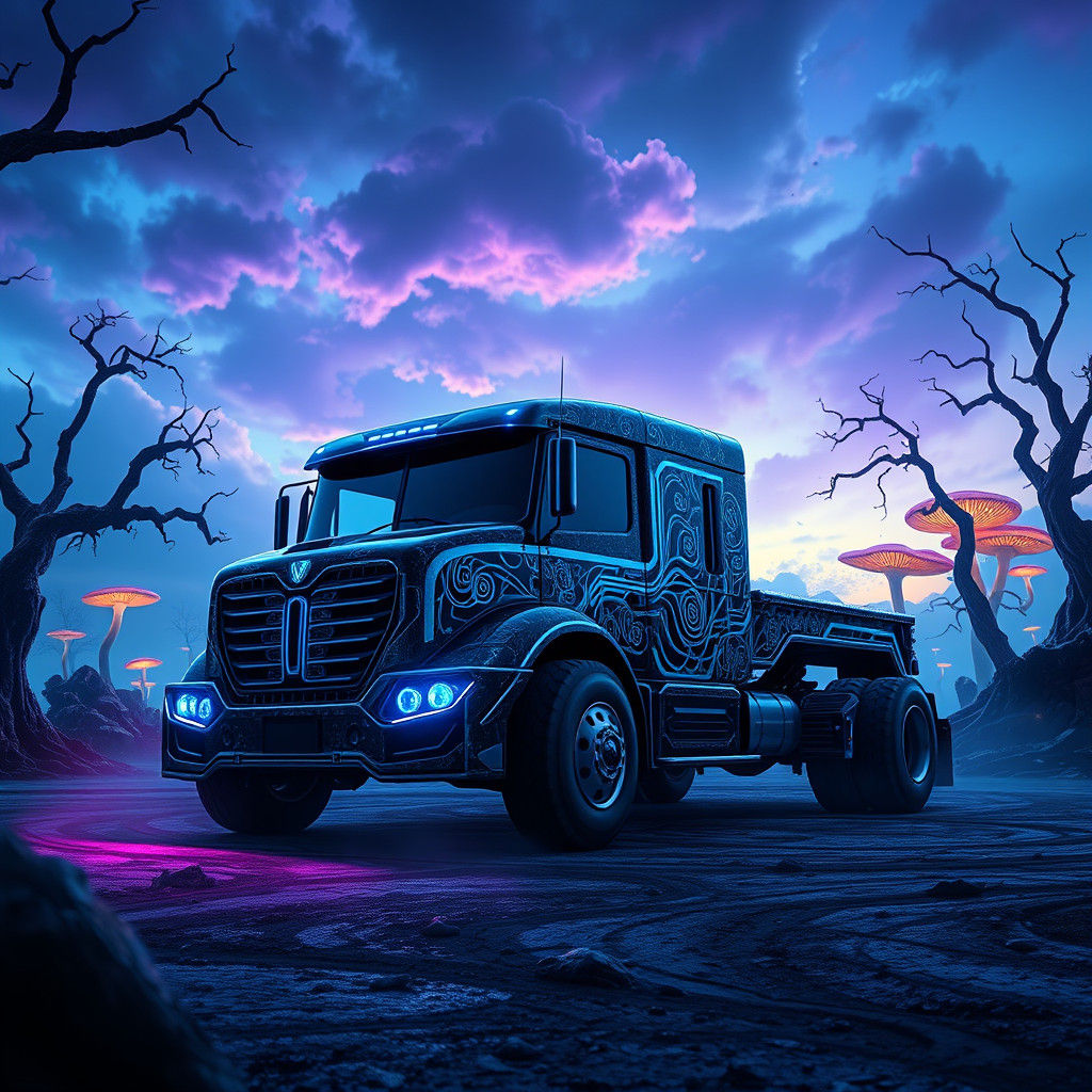 High-Tech Black Truck in a Fantastical Landscape