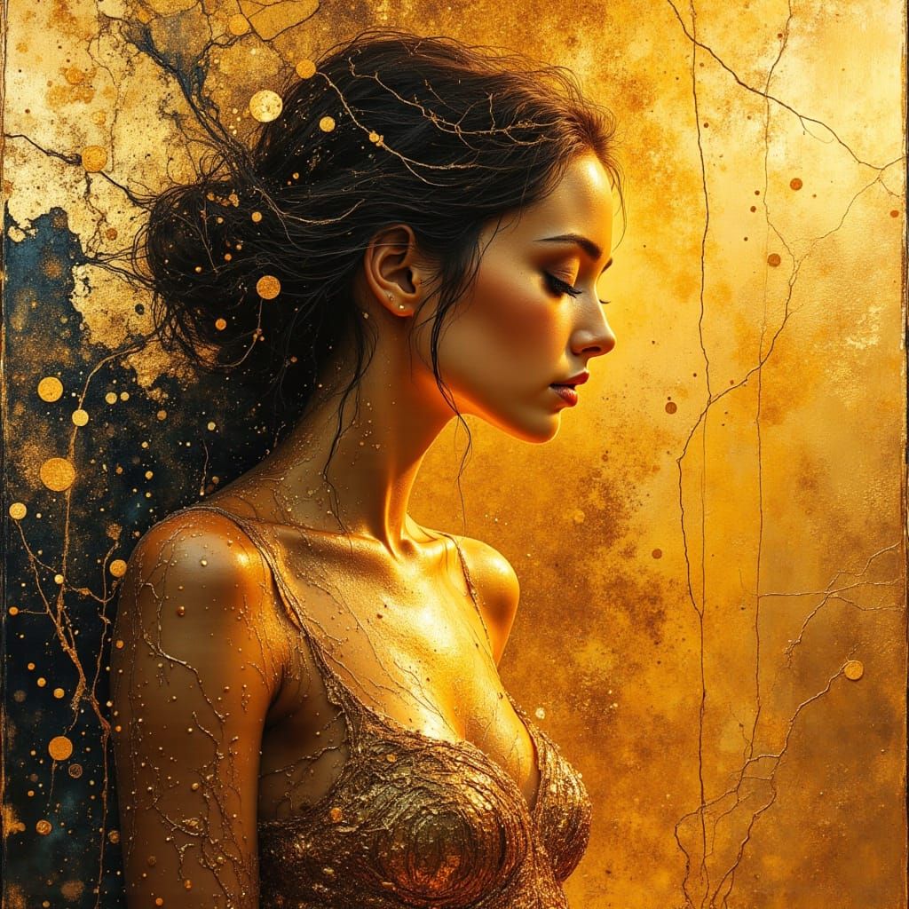Golden Resin Woman in Mixed Media Portrait