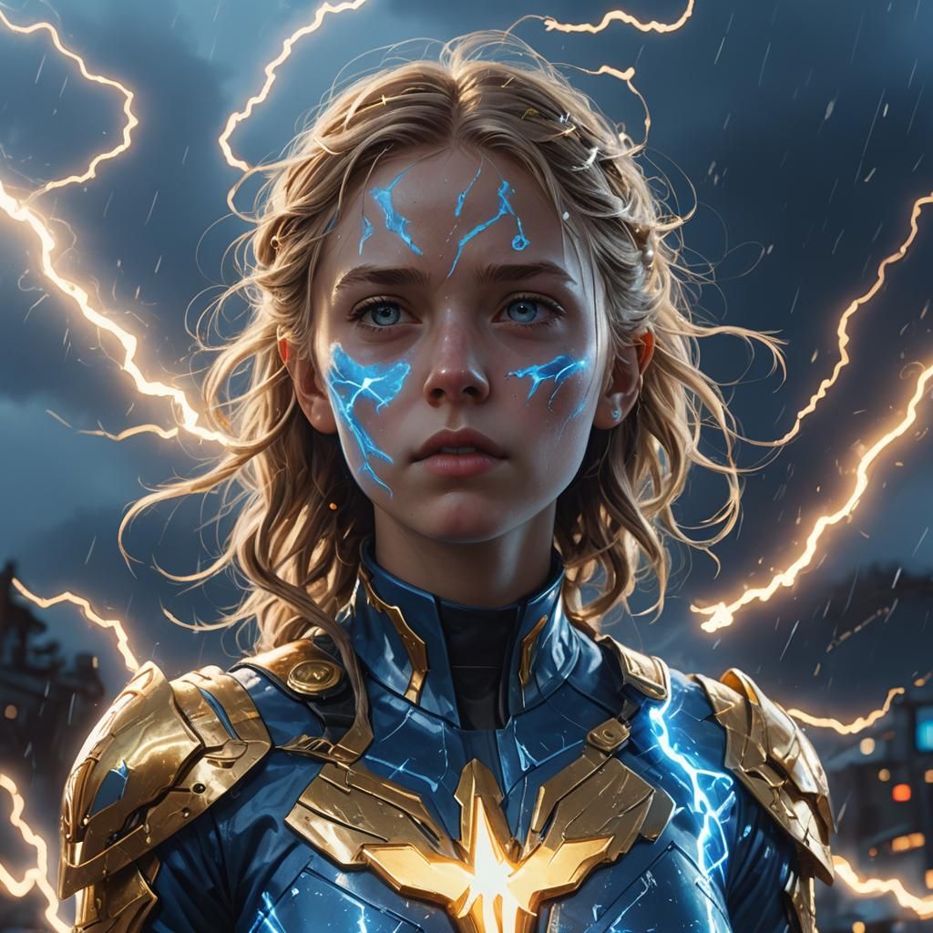 Electric Blue Heroine in Flowing Costume