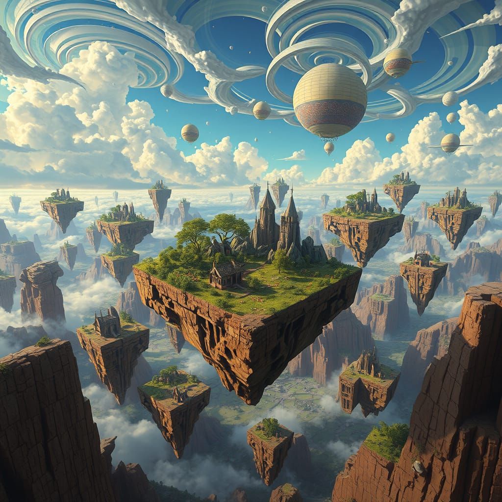 Surreal Dreamscape with Floating Islands in Cubist Style