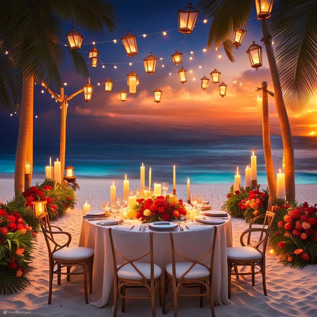 Romantic Beach Sunset Dinner in Exquisite Realism