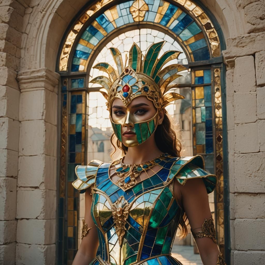 Surreal Girl in Iridescent Mask and Stained Glass Gown Again...