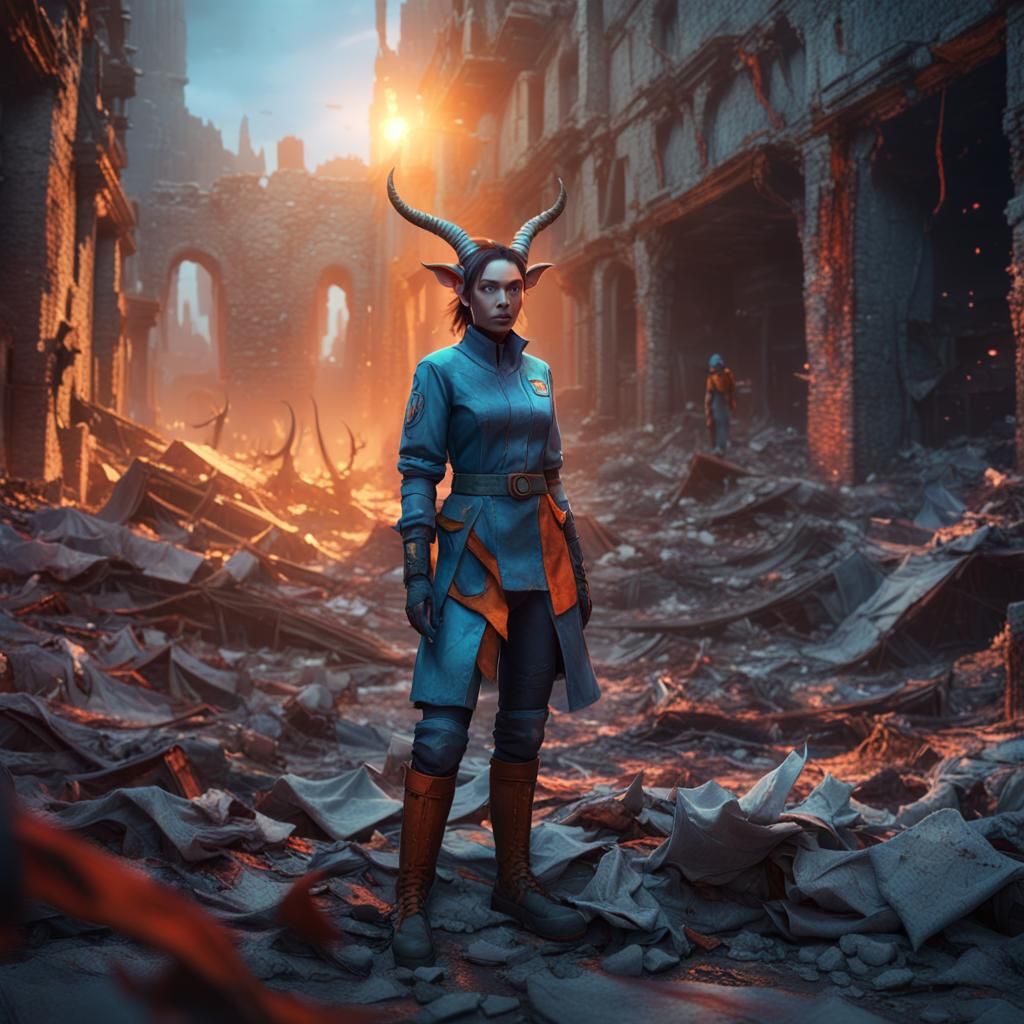 Ethereal Tiefling Nurse Amidst Ruins in Vibrant, High-Contra...