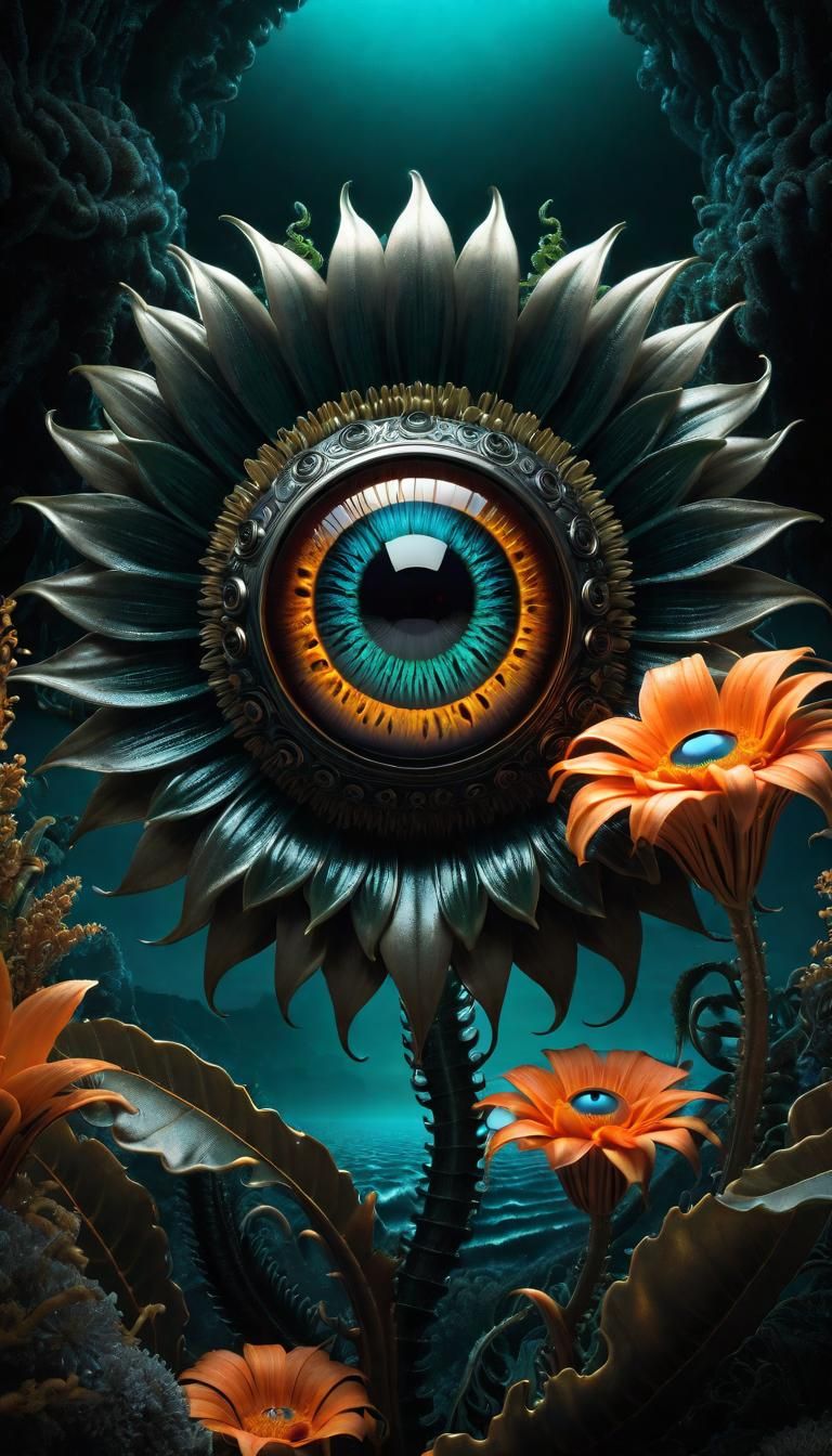 Dark Fantasy Flower Blooms in Giger-Inspired Deep Sea