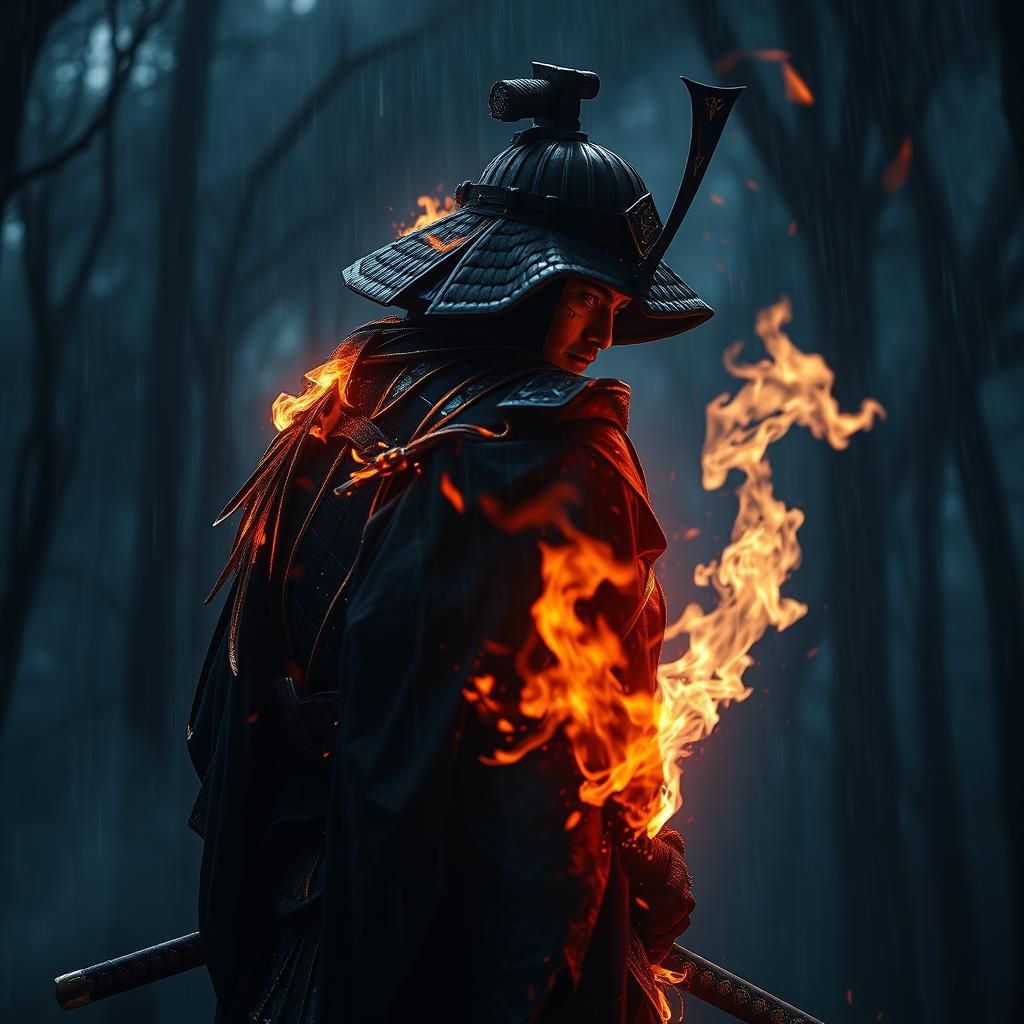 Samurai in Epic Blue Flames, Dark Forest, Rainy Night