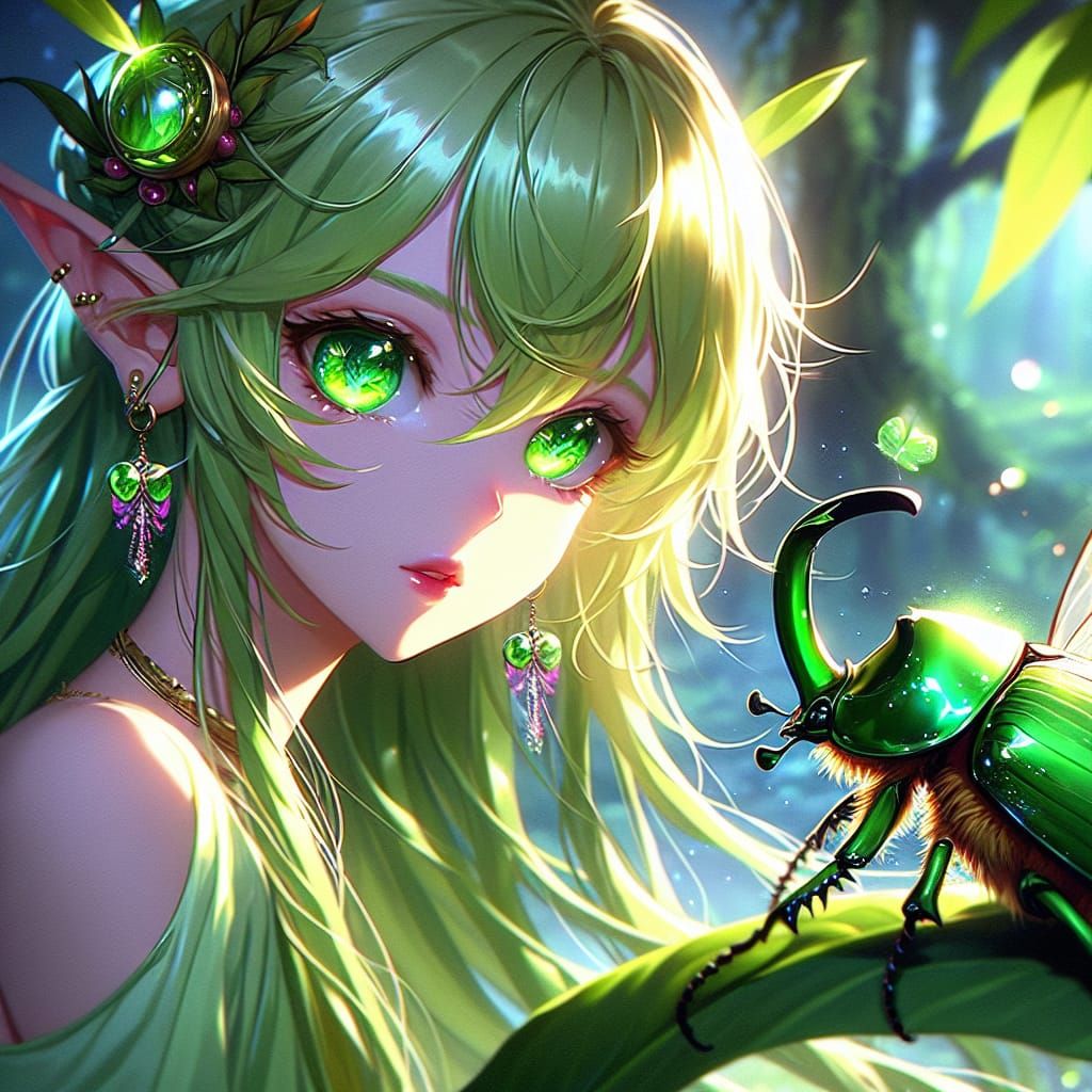 Anime Fairy Girl Contemplates Emerald Scarab Beetle in Vibra...