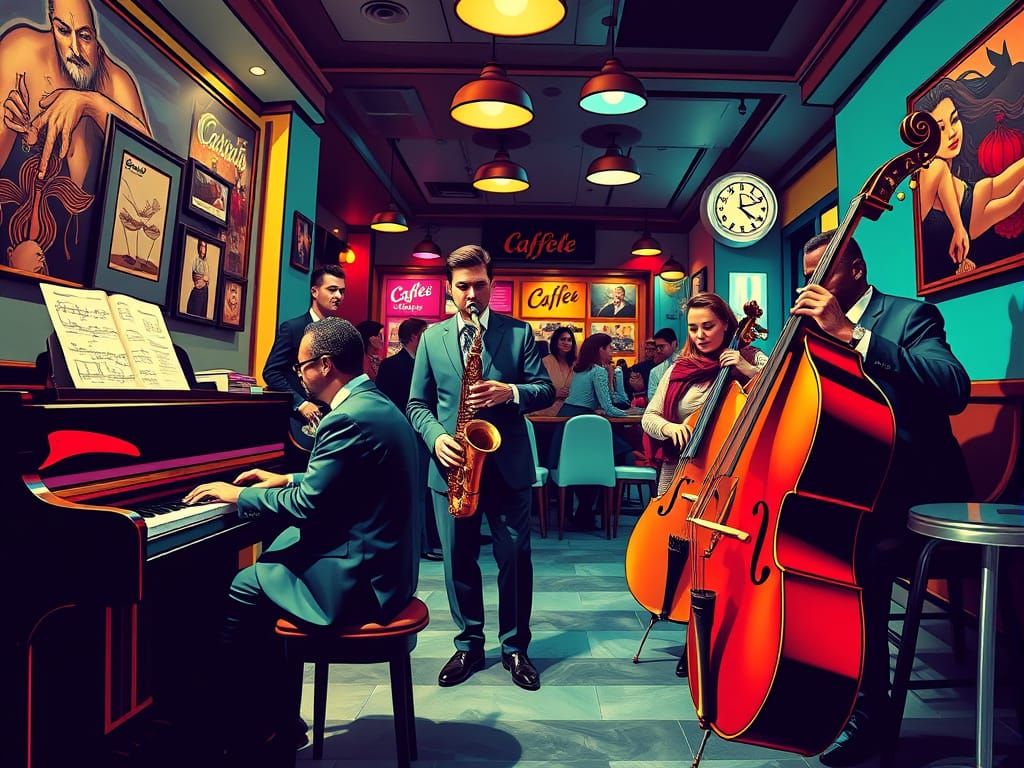 Vibrant Pop Art Portrait of Musicians Performing in a Café