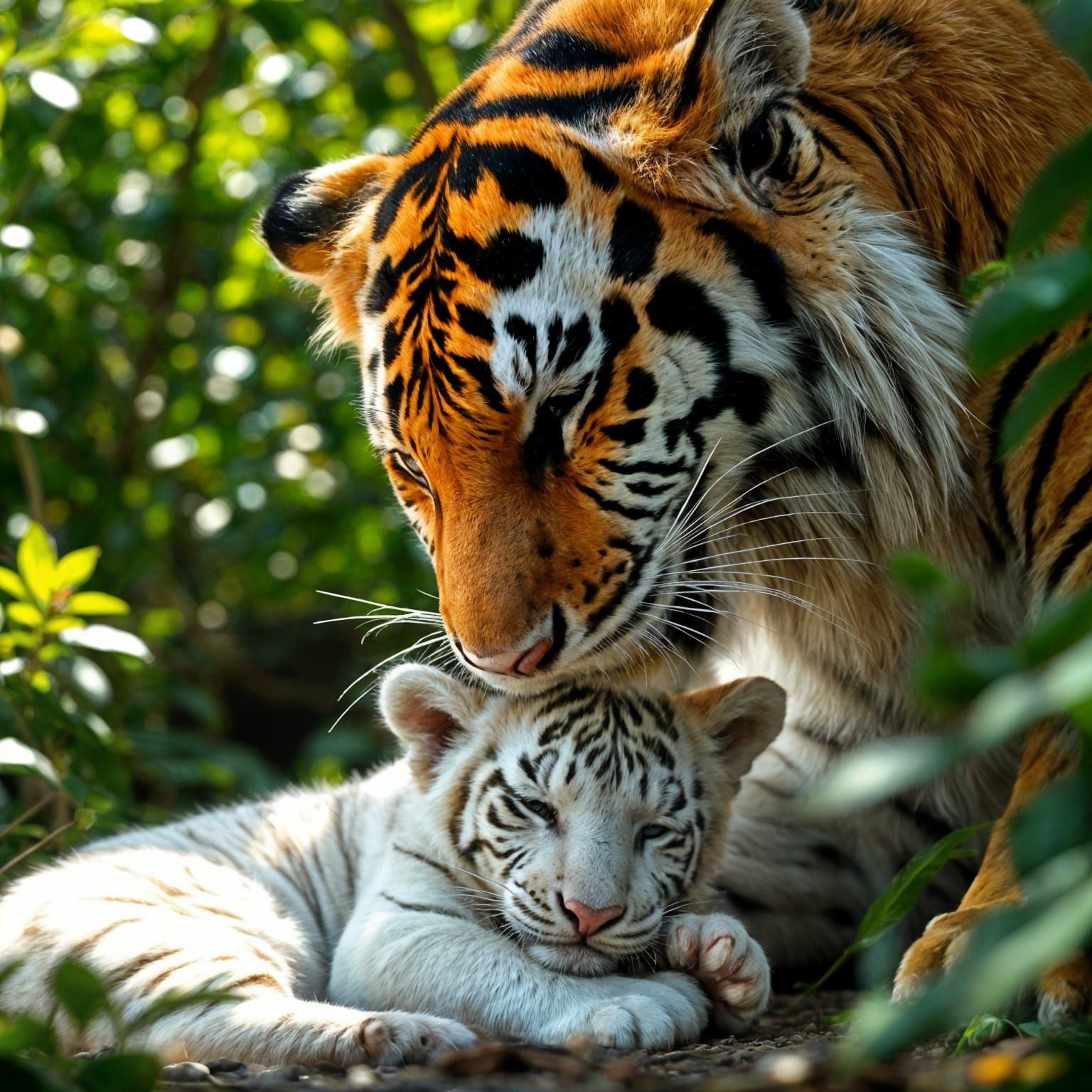 Surreal White Tiger Mother Hides Cub in Jungle Sanctuary