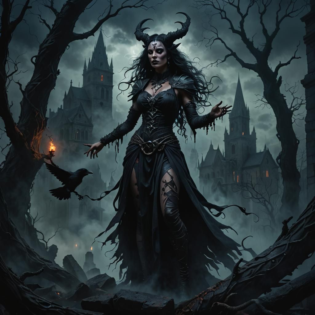 Dark Fantasy Goddess Amidst Haunting Cityscape
