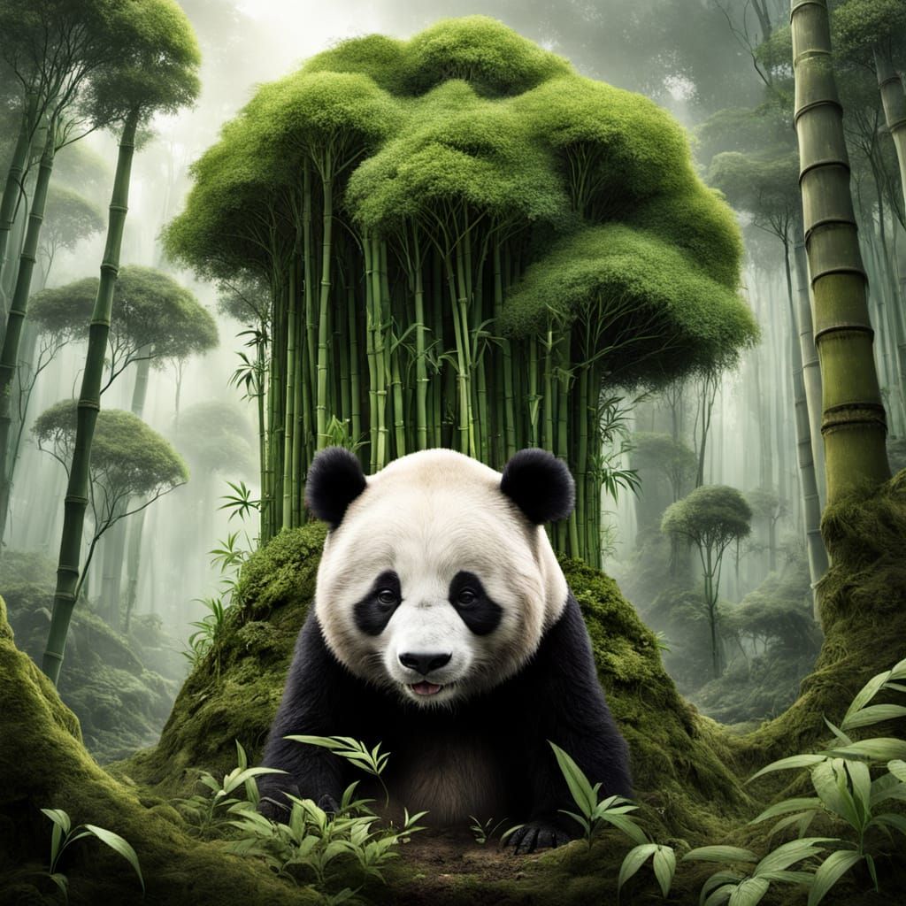 Panda bear in surreal bamboo forest.