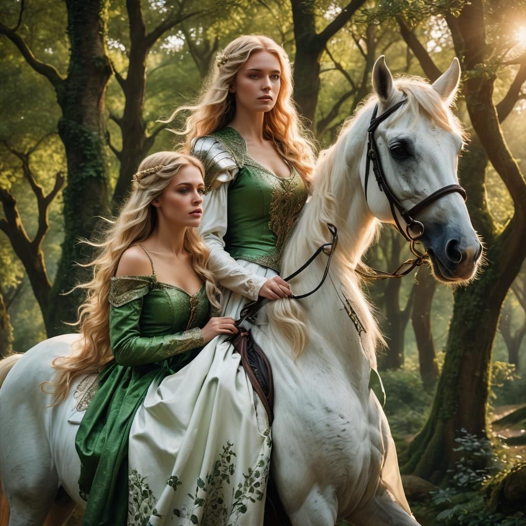 Ethereal Fantasy Scene with a Blonde Woman and Horse in a Gr...