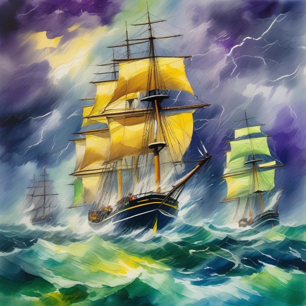 Impressionist Sailing Ships in Turbulent Storm