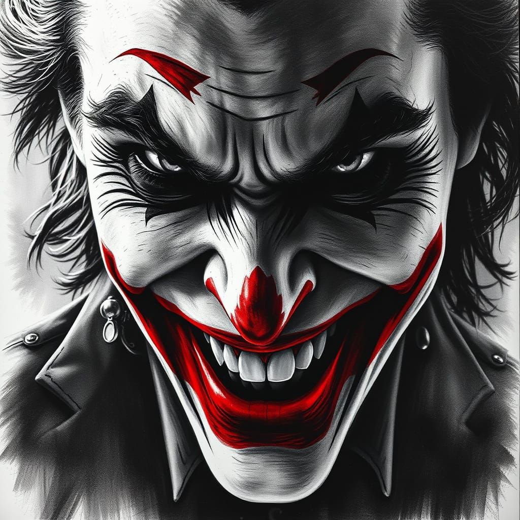 Intense Joker Close-Up in Charcoal Drawing Style
