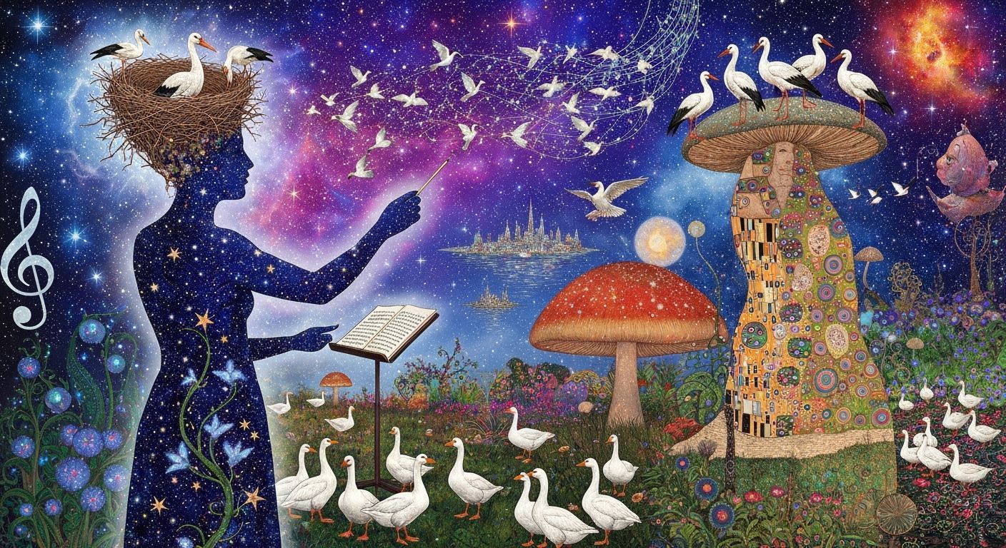 Ethereal Conductor Transforms into Birds Amid Cosmic Energy