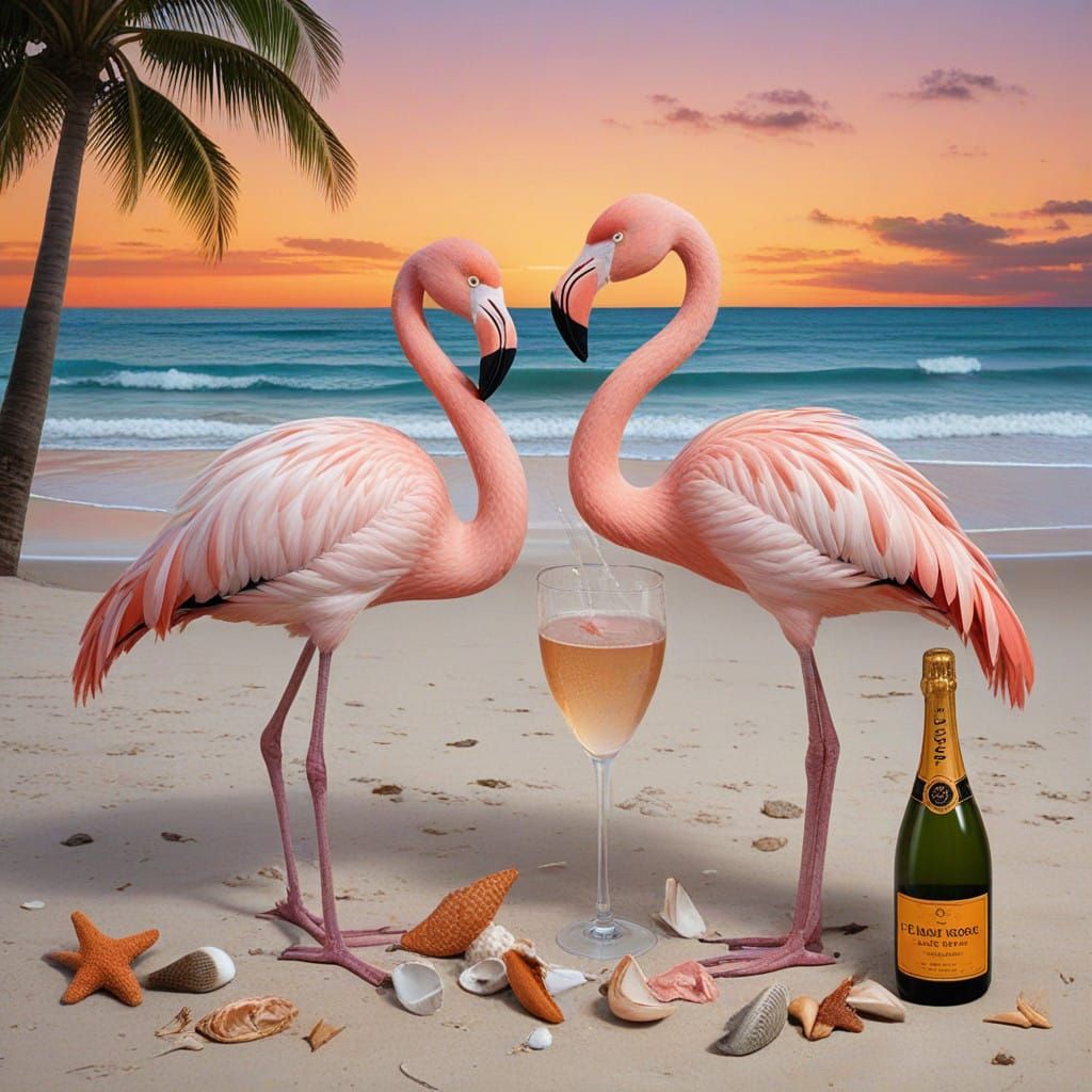 two flamingos having a champagne toast