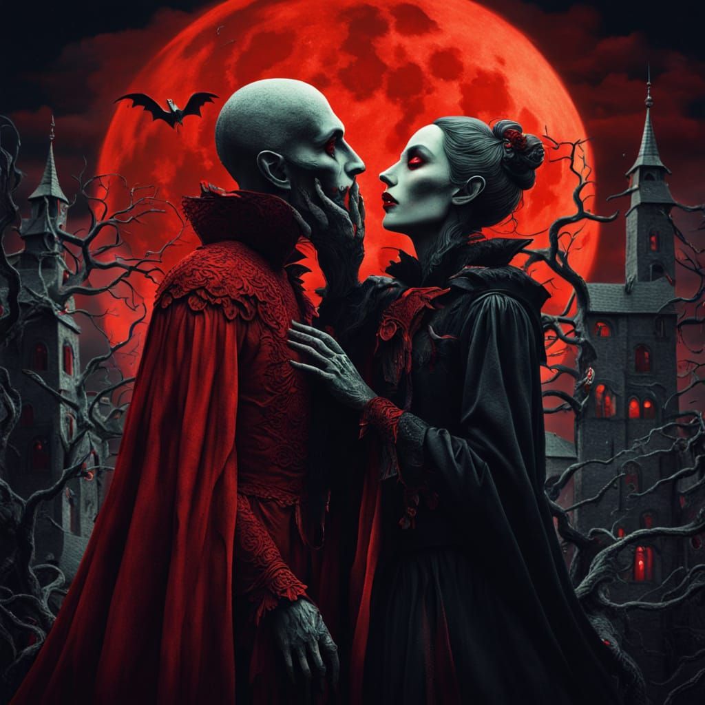 Vampire Couple Under Red Moon in Surreal Style