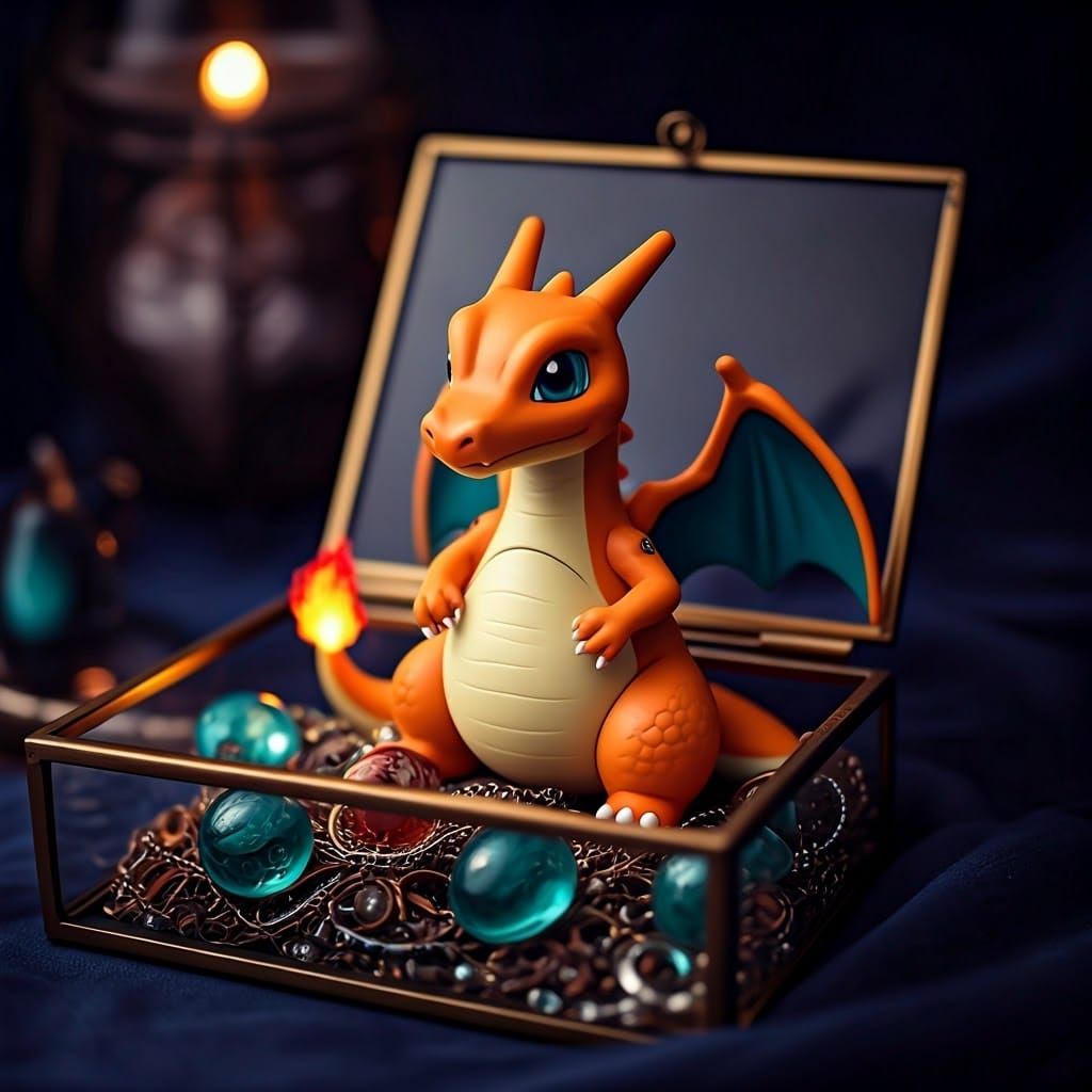 Cute Miniature Dragon Surrounded by Glowing Jewelry