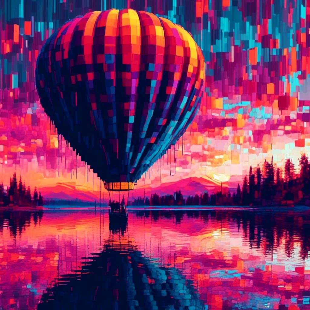 <lora:glitched out:1.0> Glitched. Impasto oil and digital art. Beautiful glitched neon hot air balloon above a sunset la...