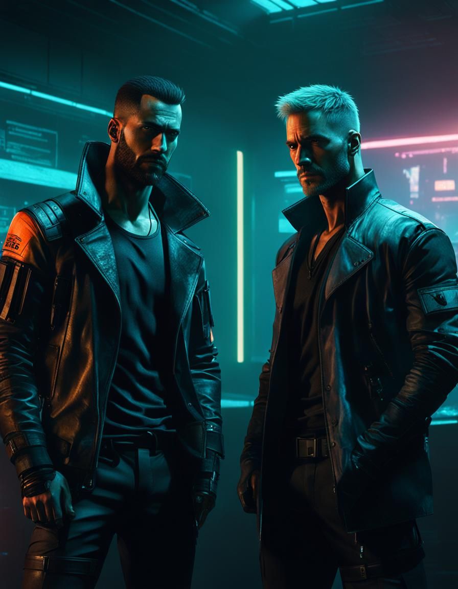 Cyberpunk Male Students Stand Near Window in Dark Classroom