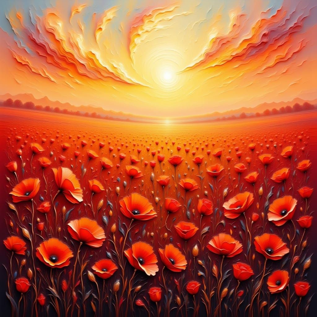 Vibrant Red Poppies at Sunrise in Impasto Oil Style
