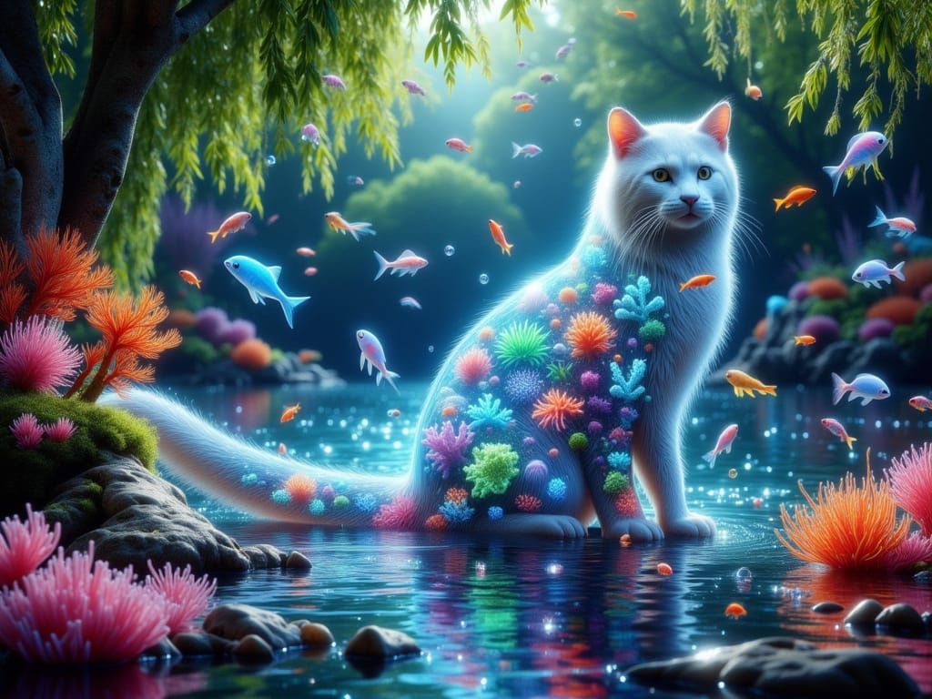 Cat in a Serene Lake Scene
