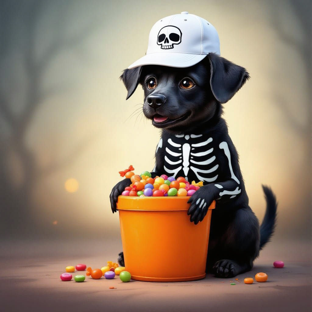 Cute Dog in Skeleton Costume with Candy Bucket
