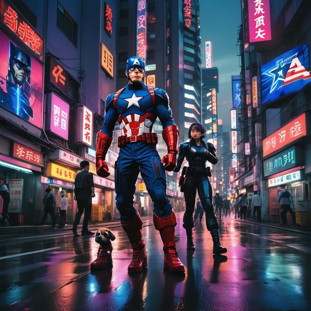 Captain America Battles Ryu in Neon-Noir Tokyo at Sunset