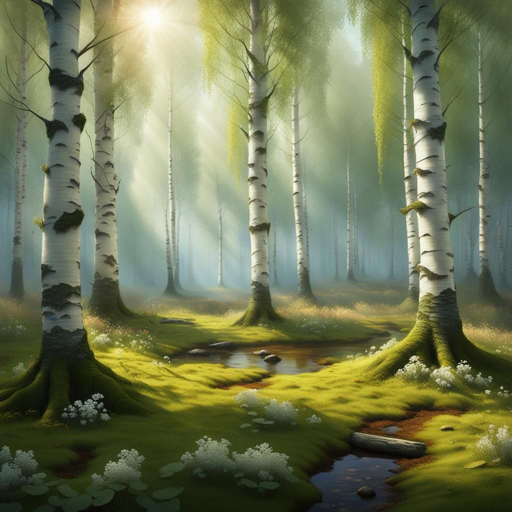 Whispering Birch Forest in Morning Dew