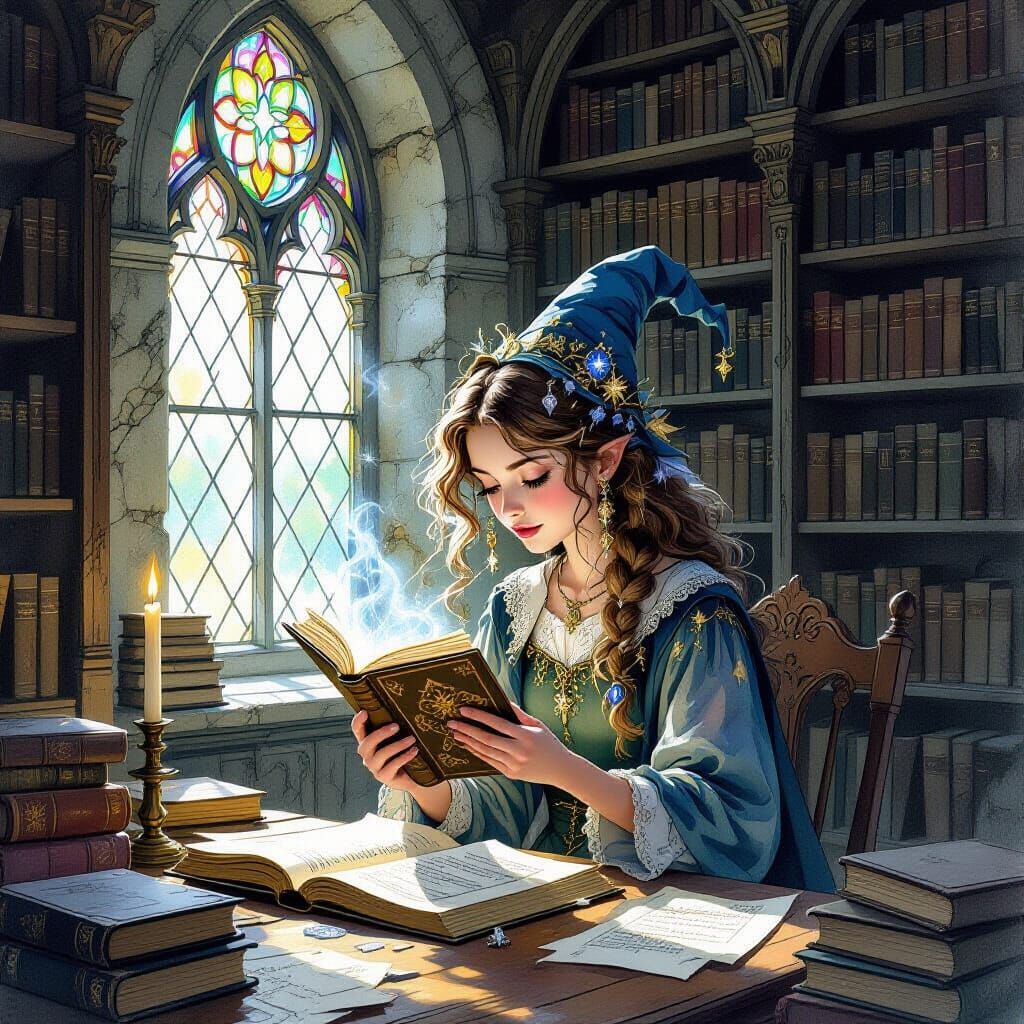 Witch Practicing Magic in Abandoned Library
