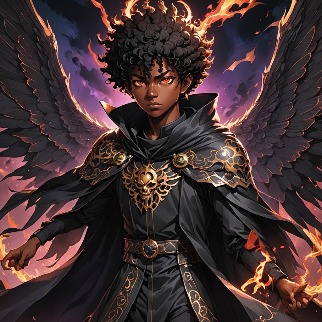 Dark Fantasy Anime Portrait of a Black Teenage Boy with Demo...