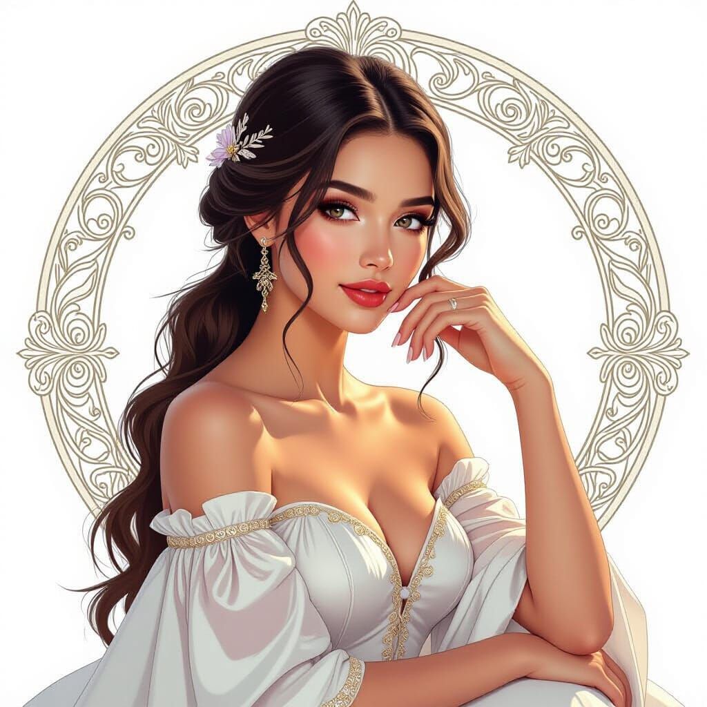 Elegant Woman Portrait with Delicate Lines and Flowing Curve...