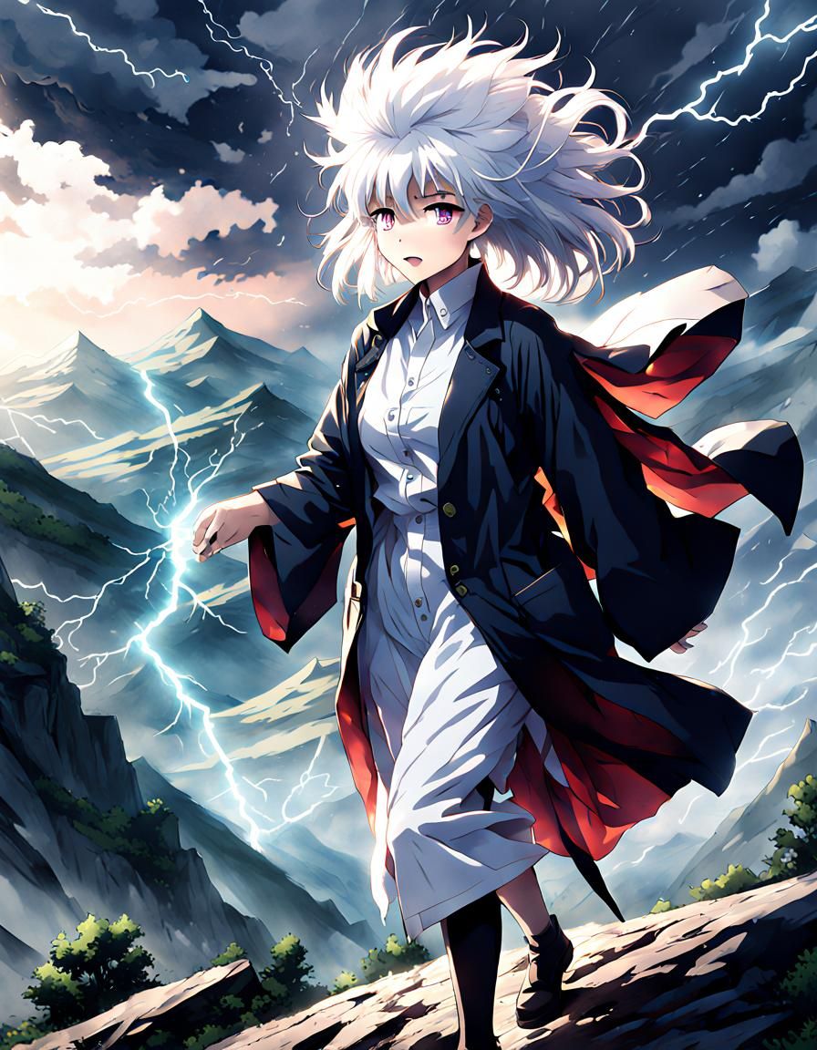 Mad female scientist with crazy white hair, lighting conductor on a mountain side, lighting storm around her,