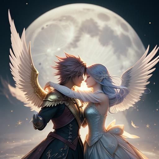 Romantic Phoenix Embracing Lovers Under Moonlight
