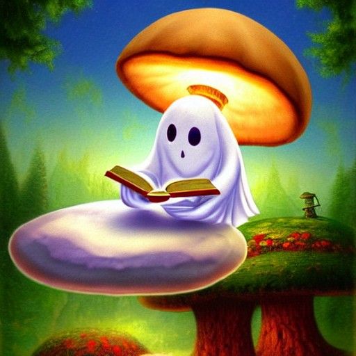 Whimsical Ghost on a Giant Mushroom Reads a Book