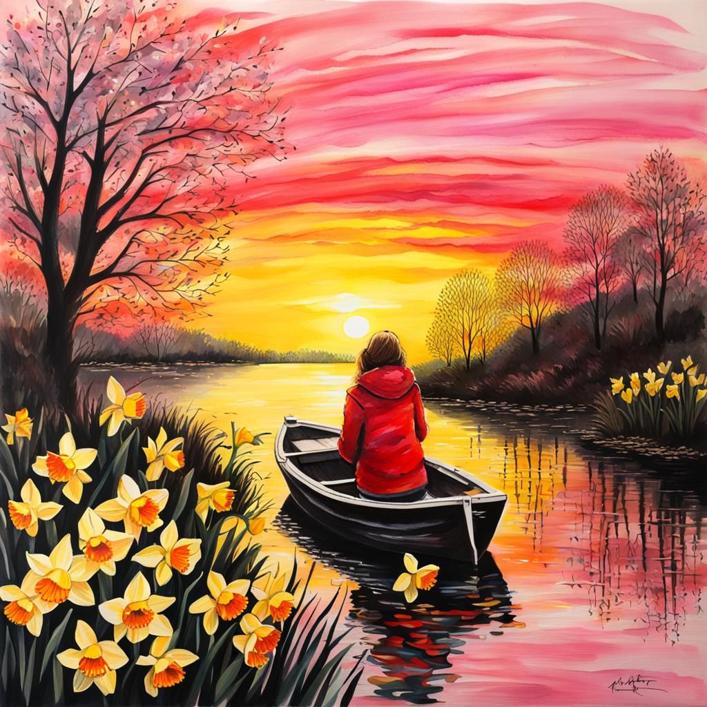 Vibrant Spring Boat with Daffodils in Warm Acrylic Lighting
