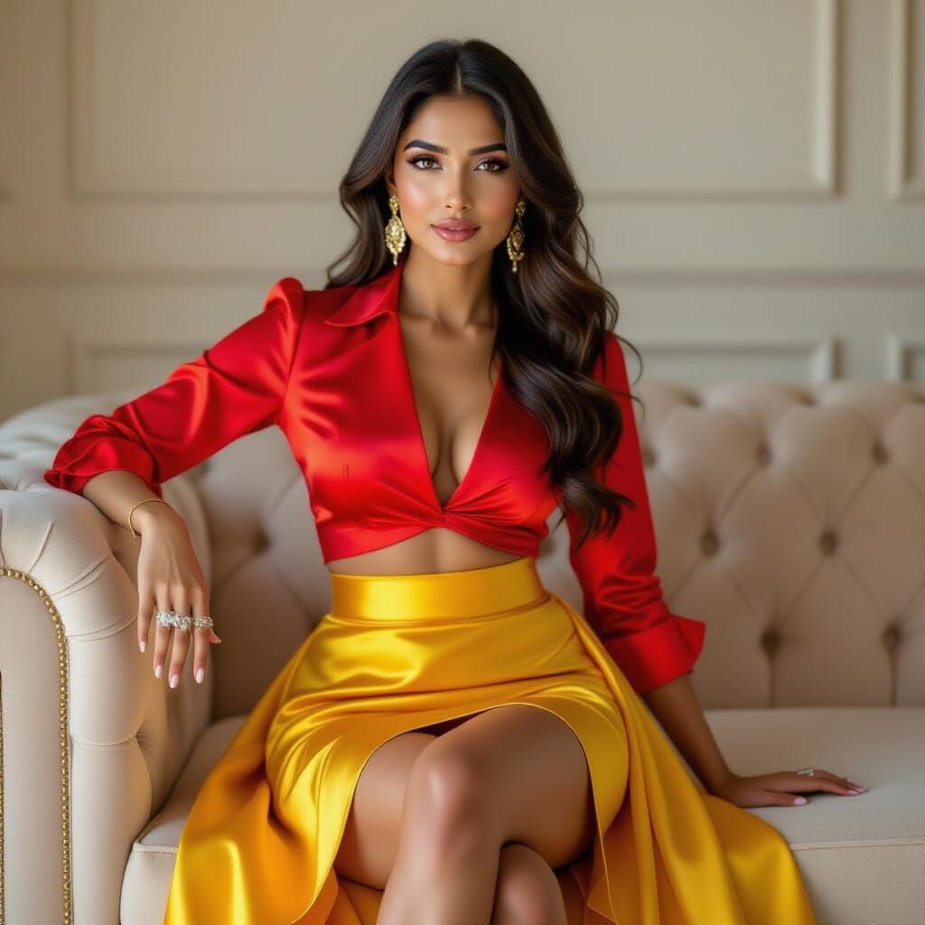 Indian Woman in Yellow Miniskirt on Sofa