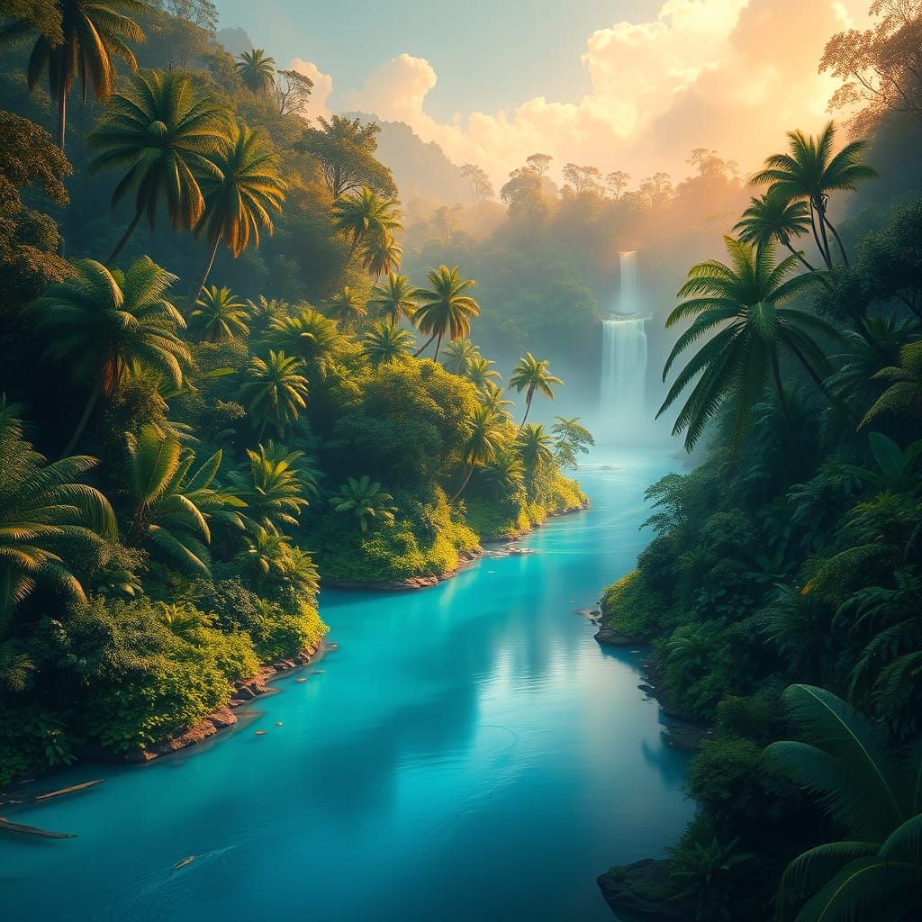 Lush Rainforest Oasis with Turquoise River and Waterfalls