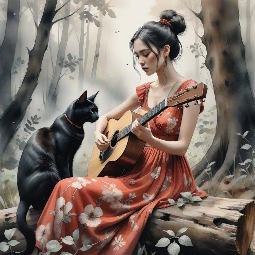 Woman with Cat in Misty Forest: Watercolor Painting