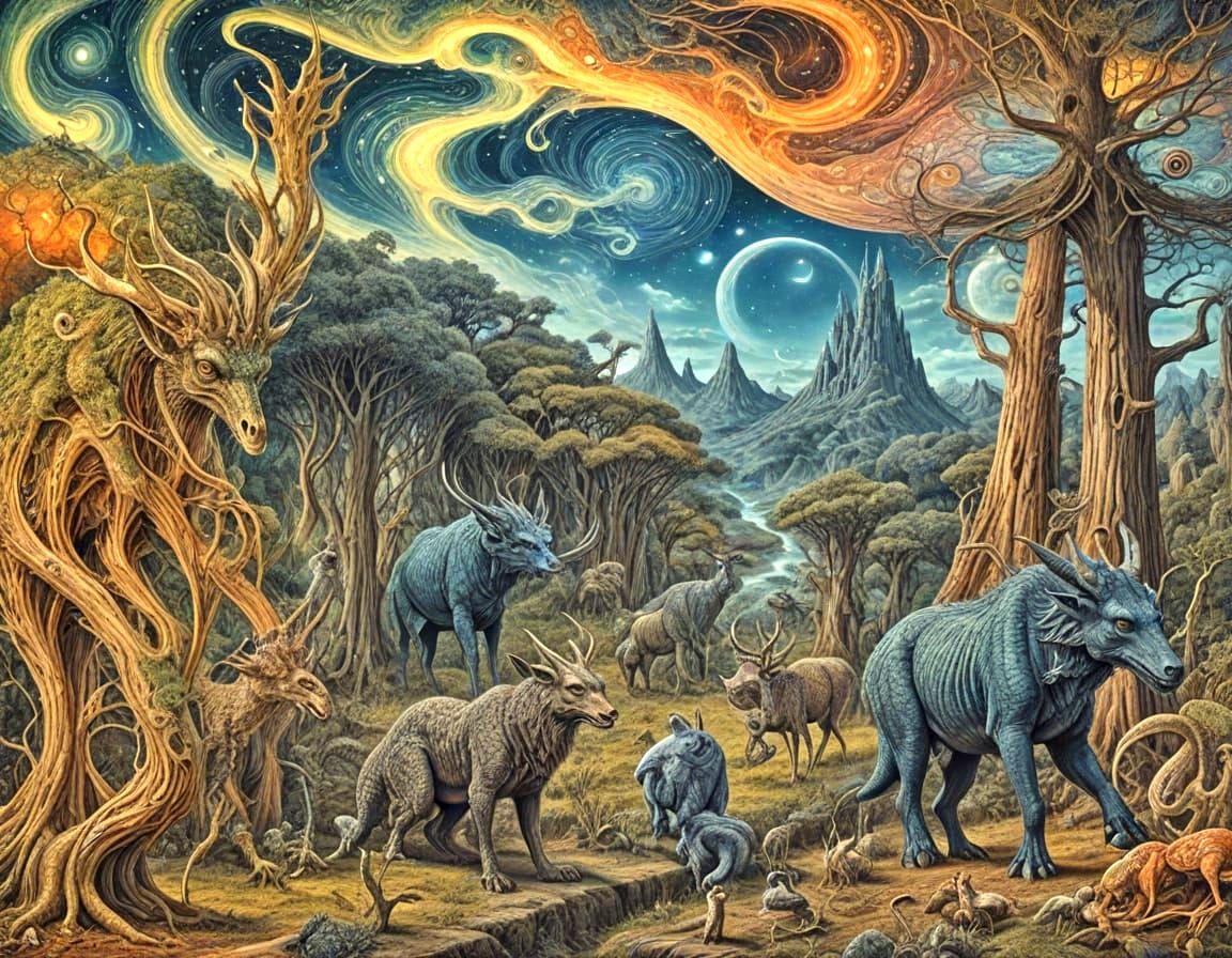 Surreal Cryptid Taxidermy in Dreamlike Landscape