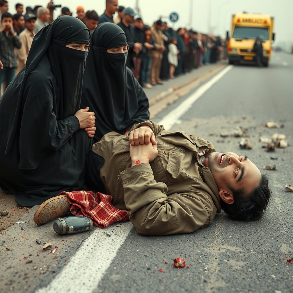 Hyper-Realistic Roadside Accident Scene in Turmoil