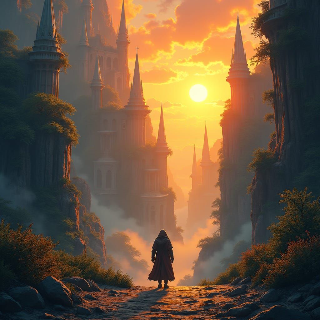 Heroic Adventurer in Golden Fantasy Cityscape, in Mattesque...