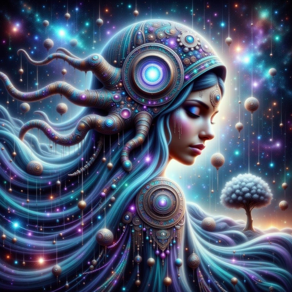 Galactic Zodiac Goddess in Cosmic Impasto