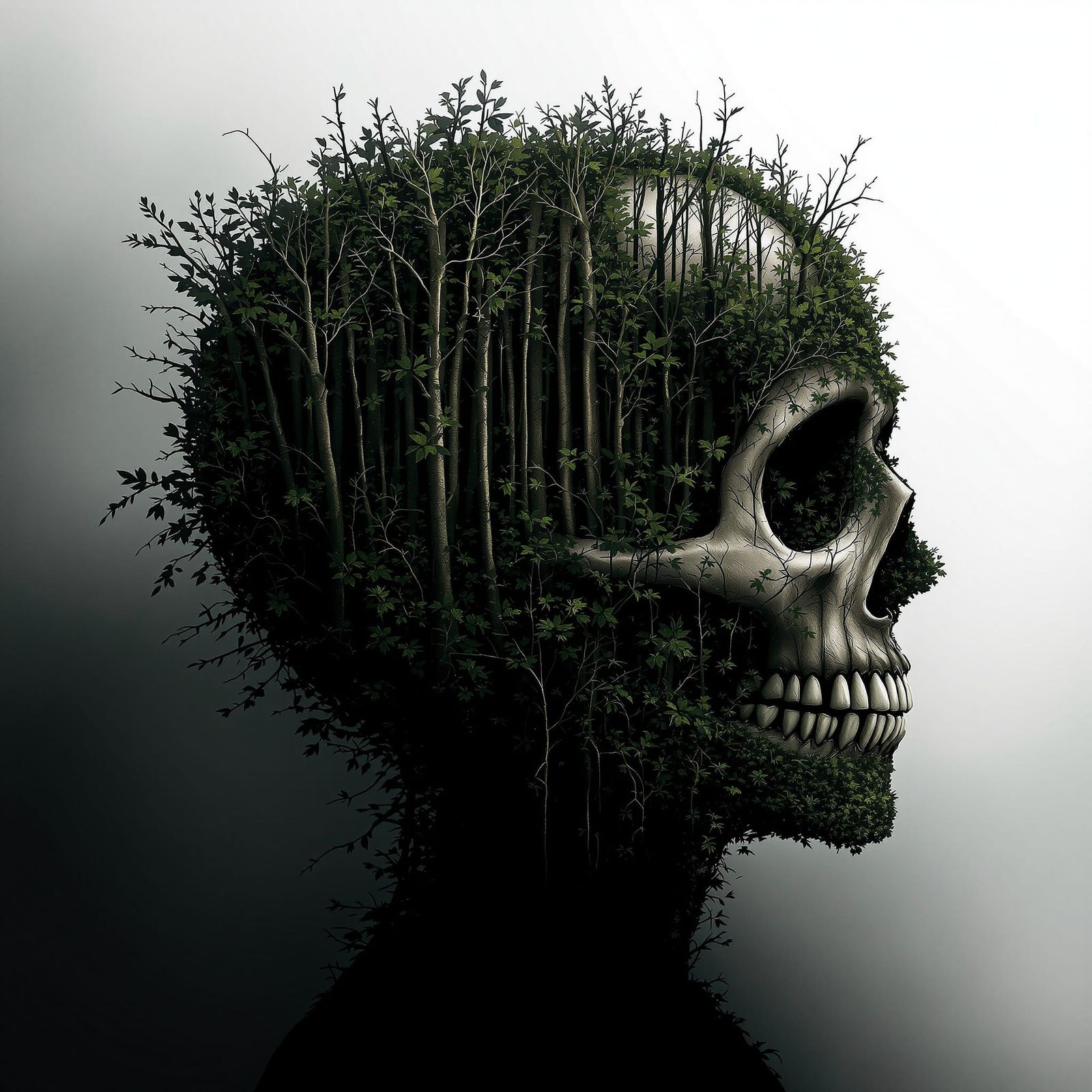 Irradiated Skull and Forest Silhouette Digital Art