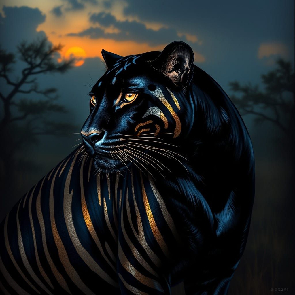 Sleek Panther Embodies Zebra Stripes in Mysterious Savannah....