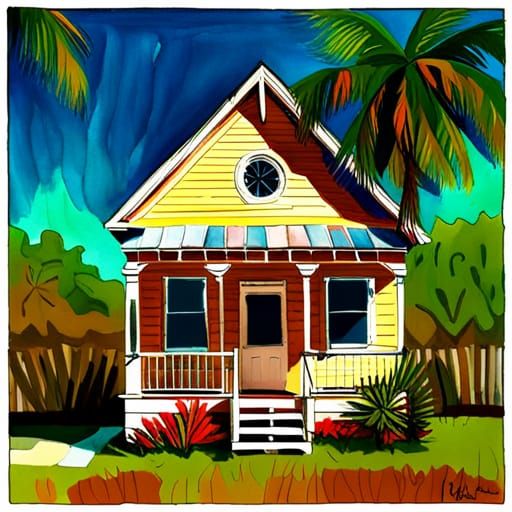 Historic Florida Keys Shotgun House in Vibrant Watercolor