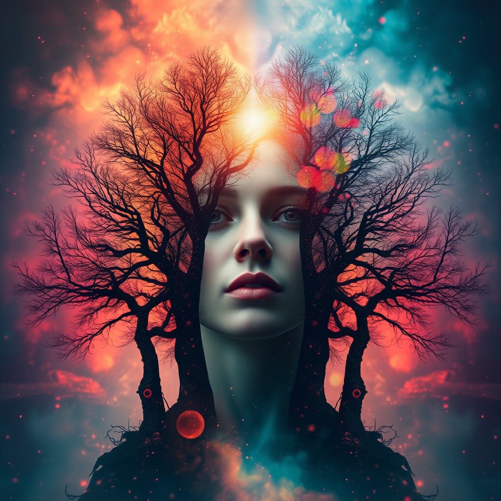 double exposure, a face woman in the middle of a glowing background,
with a tree on each side of the image, in the style...